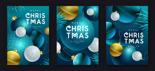 Set of Merry Christmas and Happy New Year holiday party posters with 3D colorful ball spheres. Christmas blue background. Vector illustration