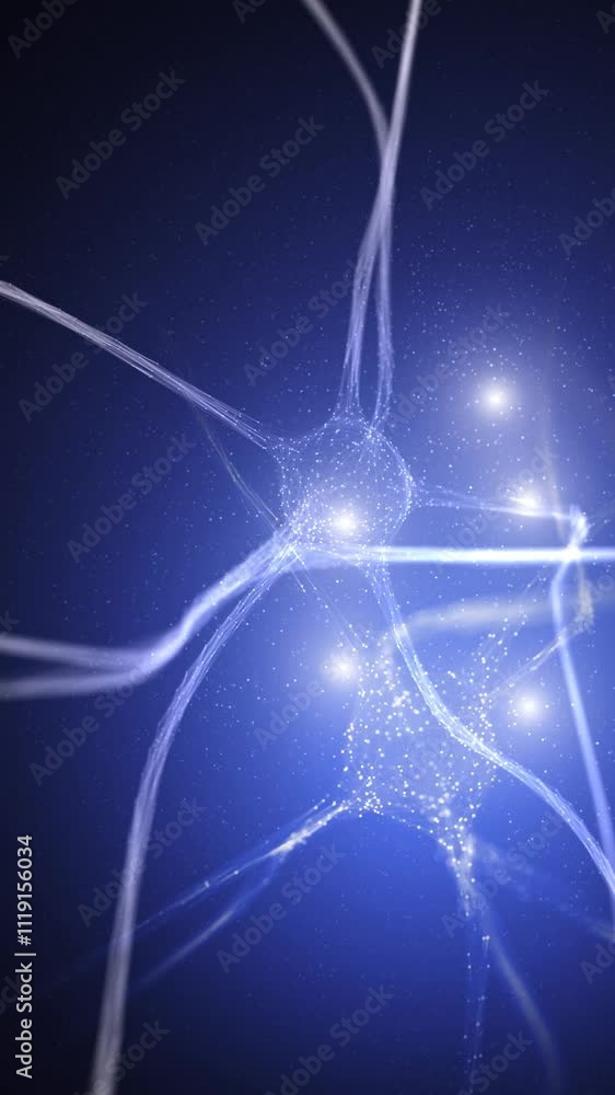 Poster artistic glowing neuron cells with dots and lights vertical background.