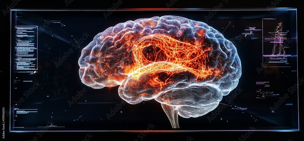 Poster digital human brain scan with highlighted neural pathways.