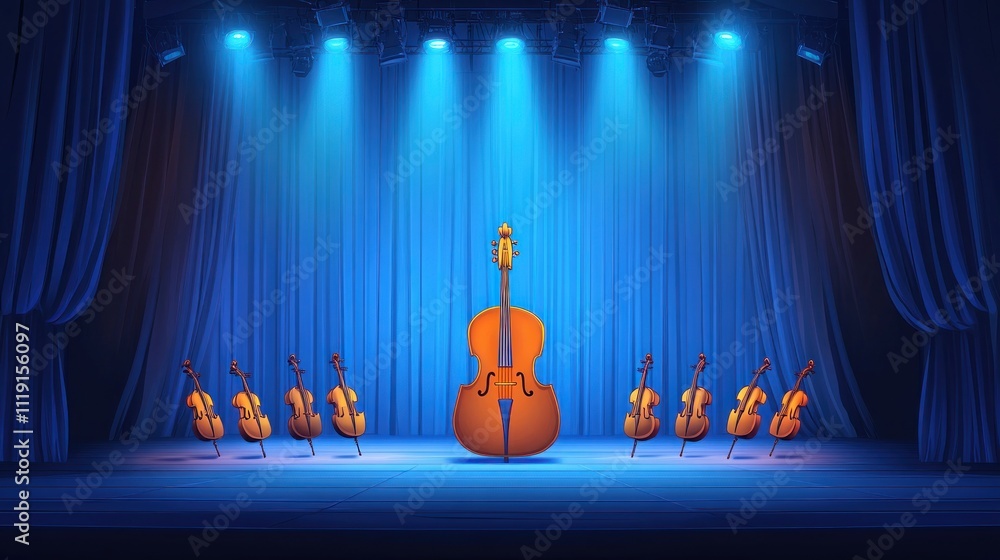 Poster A stage with illuminated cellos, emphasizing music performance and artistry.