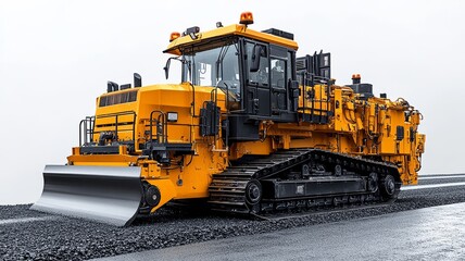 Obraz premium Heavy yellow construction bulldozer on freshly paved asphalt road