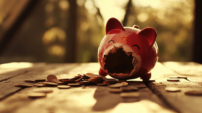Broken piggy bank with coins scattered around, symbolizing financial struggle and the need for careful budgeting and saving.