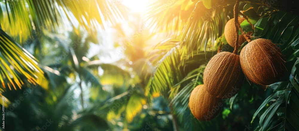 Poster close-up of coconuts hanging from a palm tree with sun shining through leaves.
