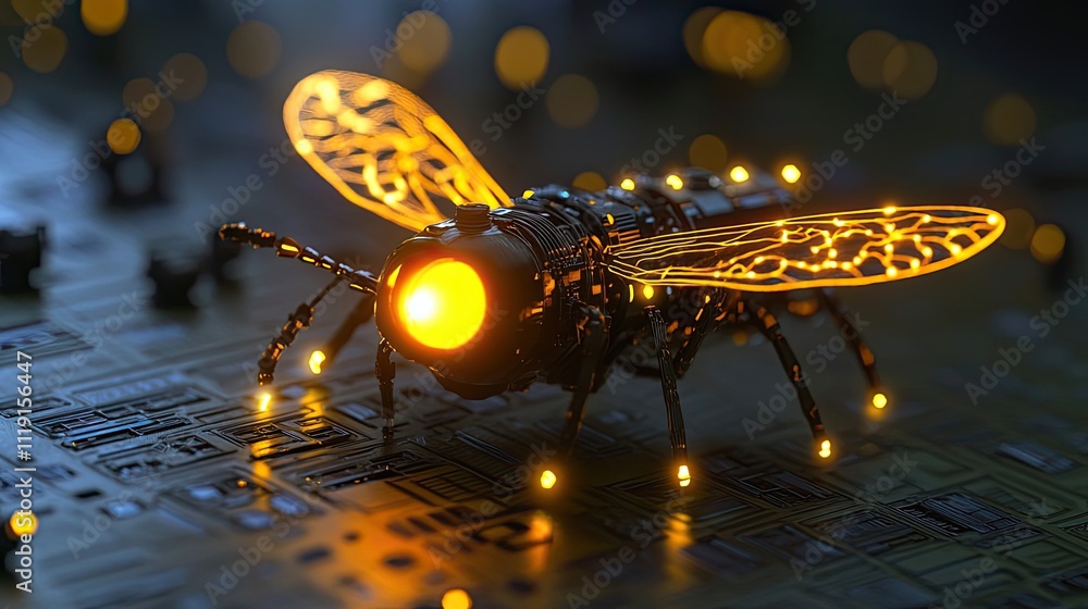Aufkleber robotic bee illuminated on circuit board surface