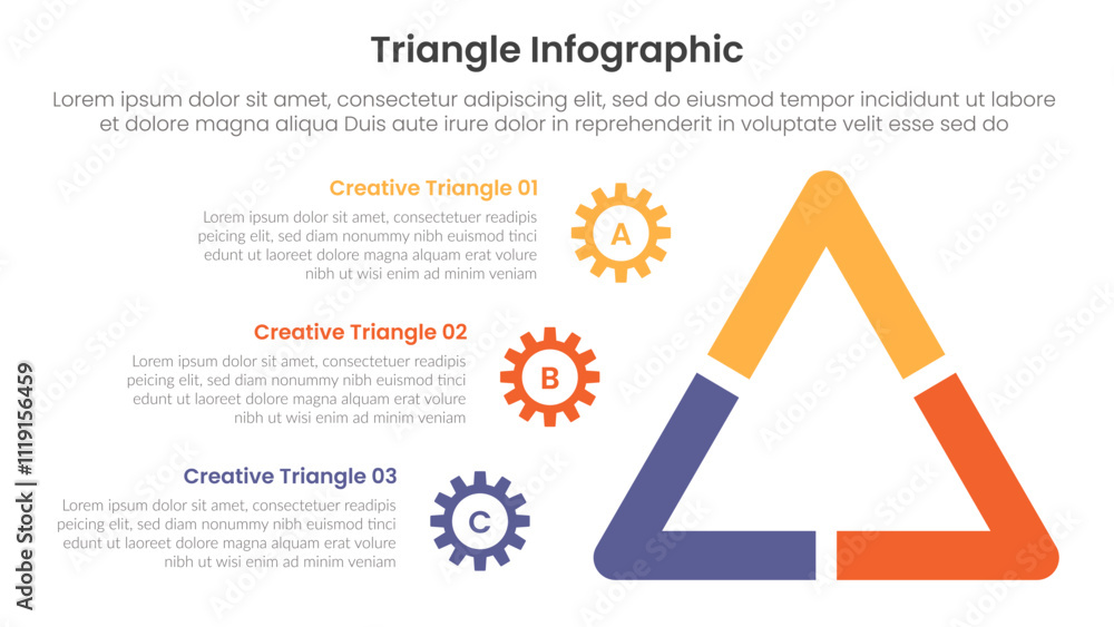 Poster triangle base shape infographic template banner with thick outline triangle with gear point alongsid