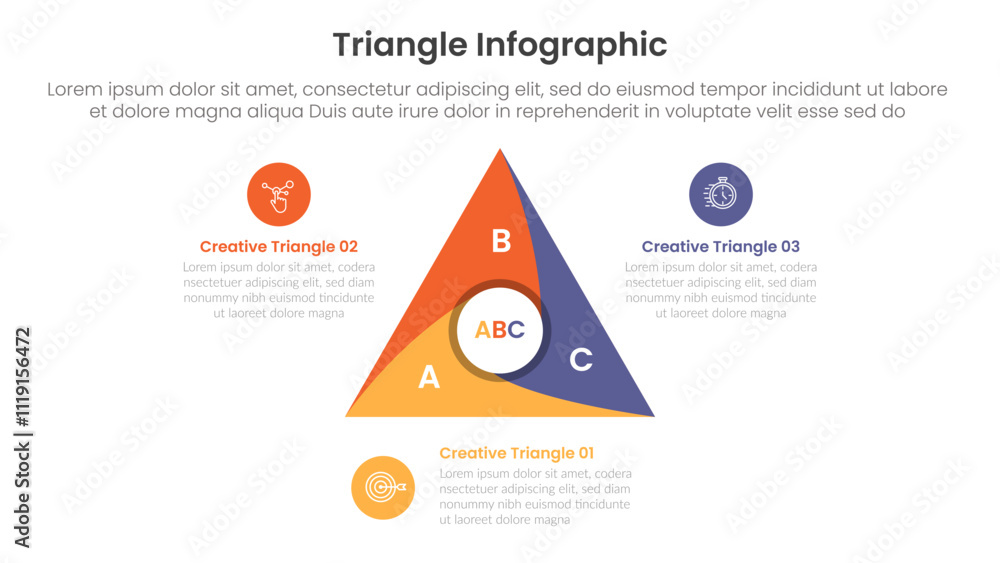 Poster triangle base shape infographic template banner with triangle cycle circular with swirl center with 