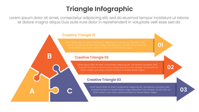 triangle base shape infographic template banner with puzzle jigsaw shape and long arrow shape with 3 point for slide presentation