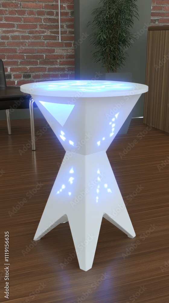 Poster a modern, illuminated side table with a unique design, suitable for contemporary spaces.