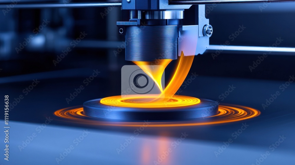 Poster a close-up of a 3d printer nozzle creating an object with molten material.
