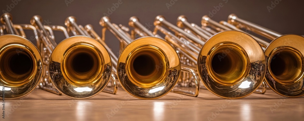 Poster a close-up view of several brass instruments arranged in a row.