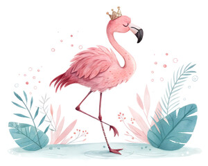 Fototapeta premium cute flamingo standing on one leg with a crown watercolor sketch illustration
