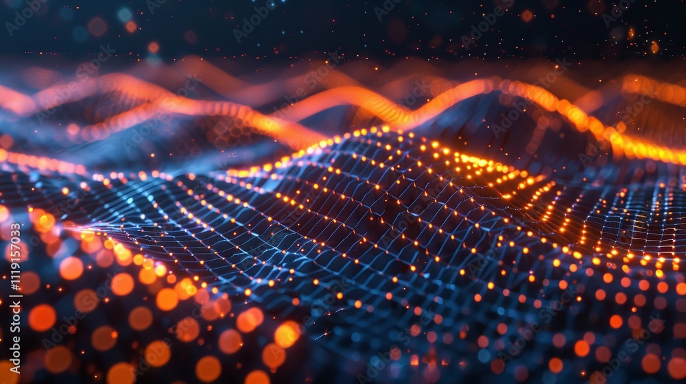 Poster big data concept blockchain 3d illustration information waves and the global database neural network