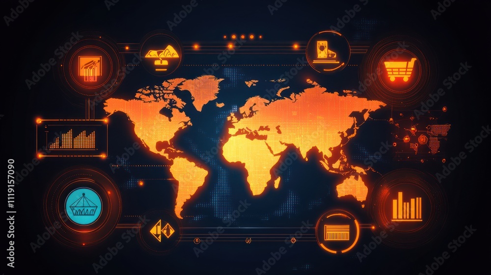 Aufkleber a digital world map with icons representing business and technology concepts.