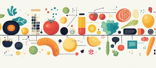 A colorful illustration of various fruits, vegetables, and other food items connected by lines.