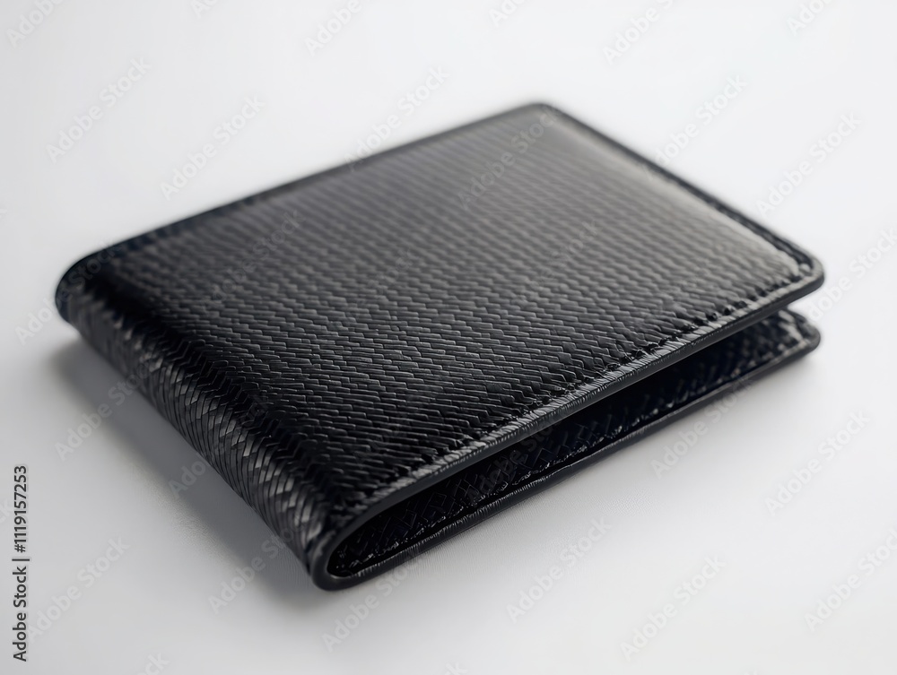 Poster showcasing a sleek carbon fiber wallet on a white background with precise geometric lines and subtle