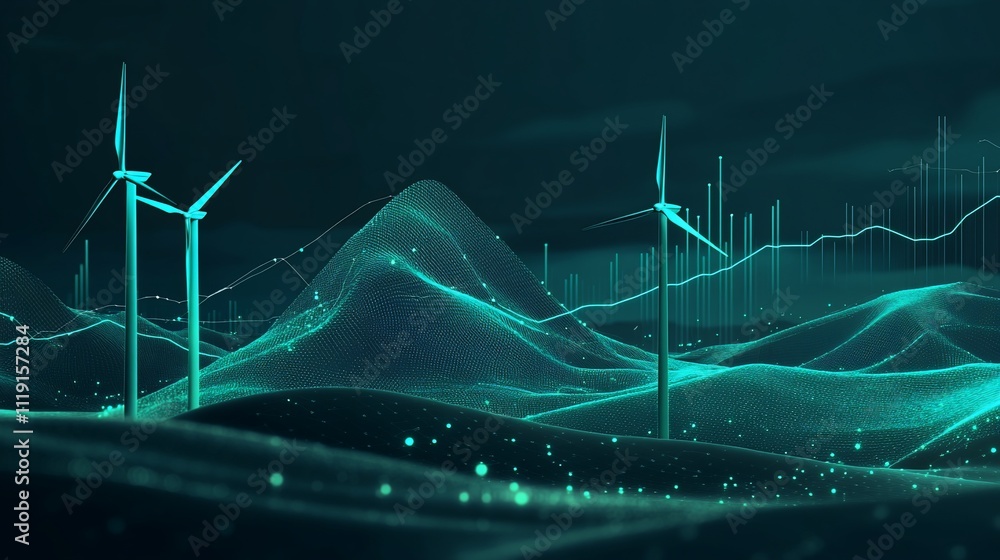 Poster futuristic wind turbines on a digital landscape with data graphs.