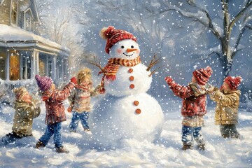 Winter Wonderland: Children Playing in the Snow with a Snowman