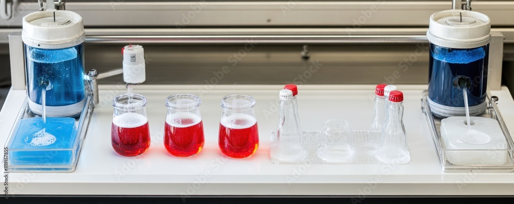 Poster laboratory setup with colorful liquids in beakers and containers for experiments.