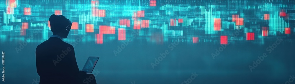 Poster business professional analyzing digital data trends on a laptop against a backdrop of vibrant visual