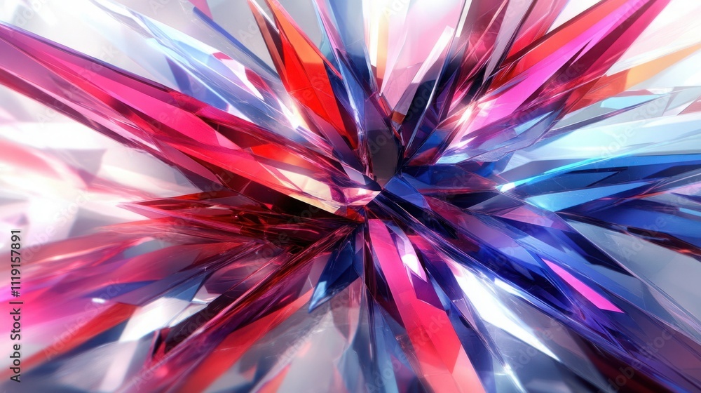 Poster abstract background featuring colorful shards of crystal with vibrant pink, red, and blue reflection