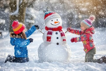 Children Building Snowman in Winter Wonderland