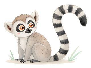 Obraz premium cute lemur with big eyes and striped tail wrapped around itself watercolor sketch illustration