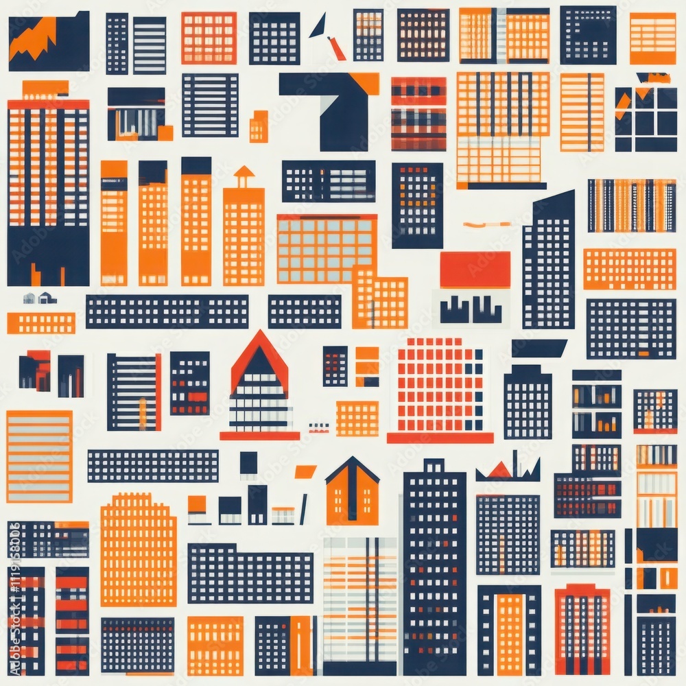 Poster abstract pattern of colorful building shapes and forms featuring orange, black, and white, ideal for