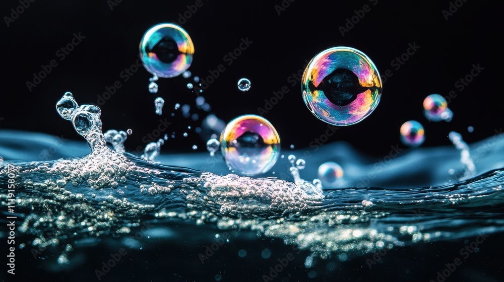 Poster iridescent bubbles float on dark water, creating splashes. perfect for concepts of purity, fragility