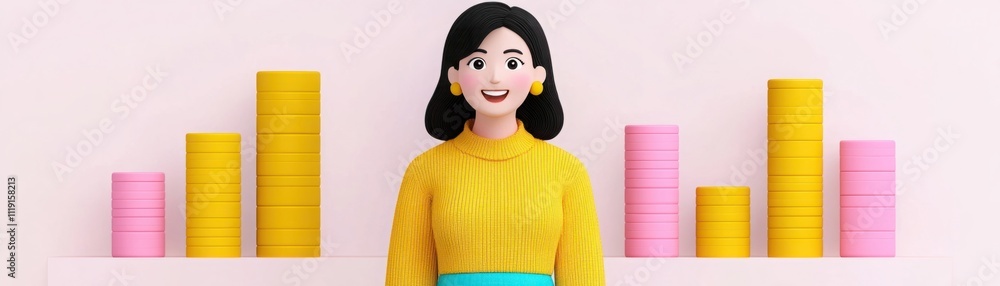 Aufkleber happy animated woman standing in front of colorful bar graphs, smiling with bright pastel colors, re