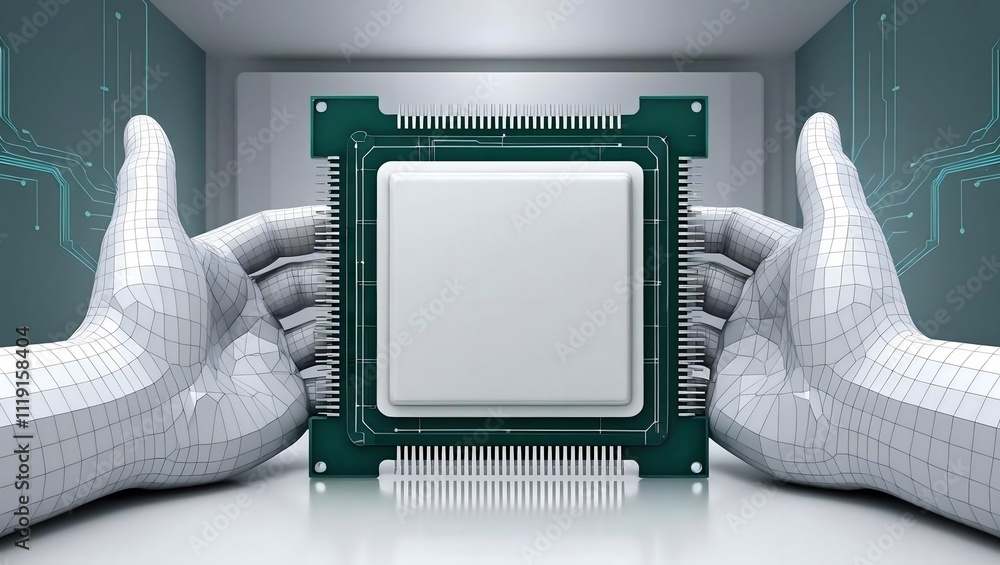 Poster wireframe hands gently hold a central processing unit; a futuristic, technological image.