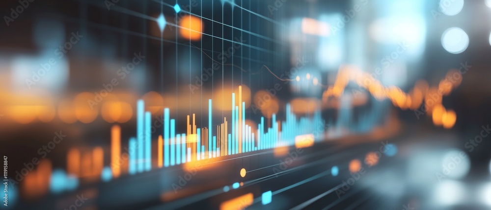 Poster close-up of futuristic stock market chart on computer screen in cityscape setting with vibrant bar g