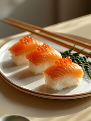 Close up Ikura Nigiri Sushi Salmon Roe Rice, Beige Background