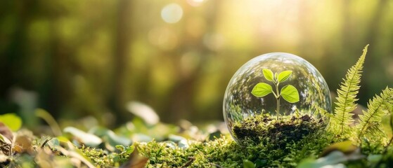 Glass globe with plant on moss, bathed in sunlight in serene natural setting with blurred forest background