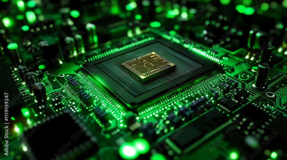 Poster close-up of green pcb with metallic sheen, featuring large rectangular chip and gold-colored chip. f