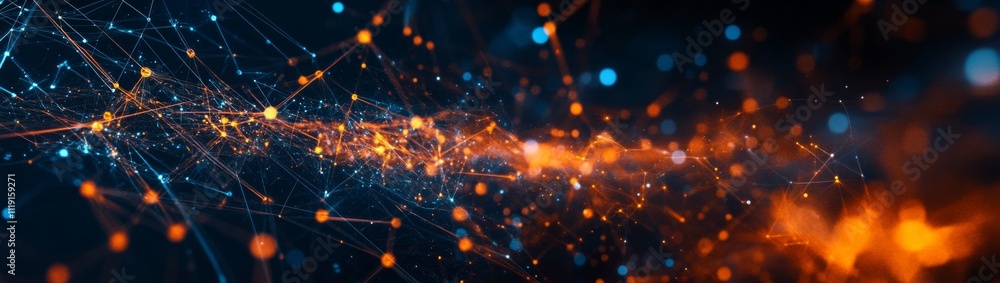 Aufkleber abstract digital art network with orange and blue lines and dots, dark background creating futuristi