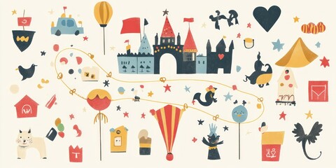 Obraz premium A whimsical illustration featuring a variety of playful elements like castles, balloons, and animals.