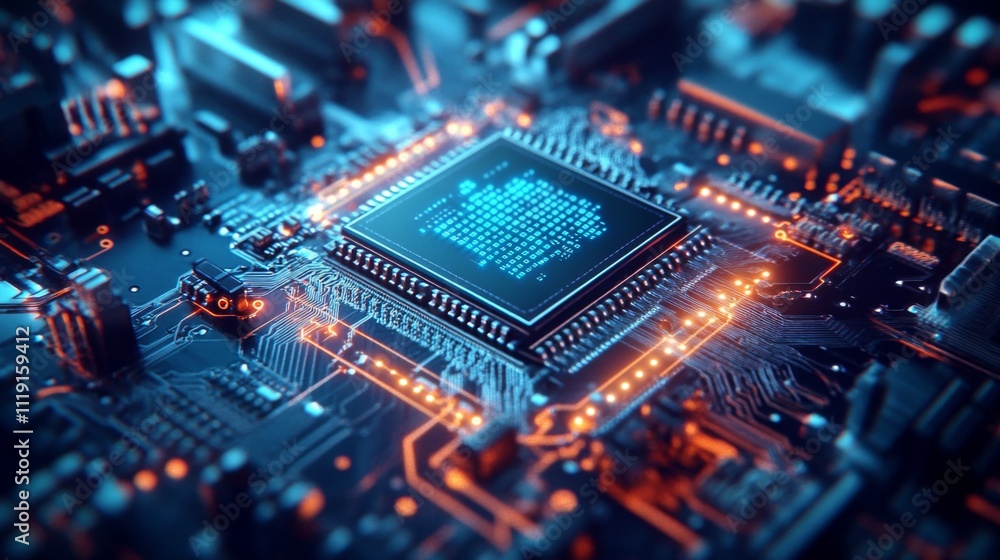 Poster close-up view of a computer chip on a circuit board with electronic components in a futuristic, top-