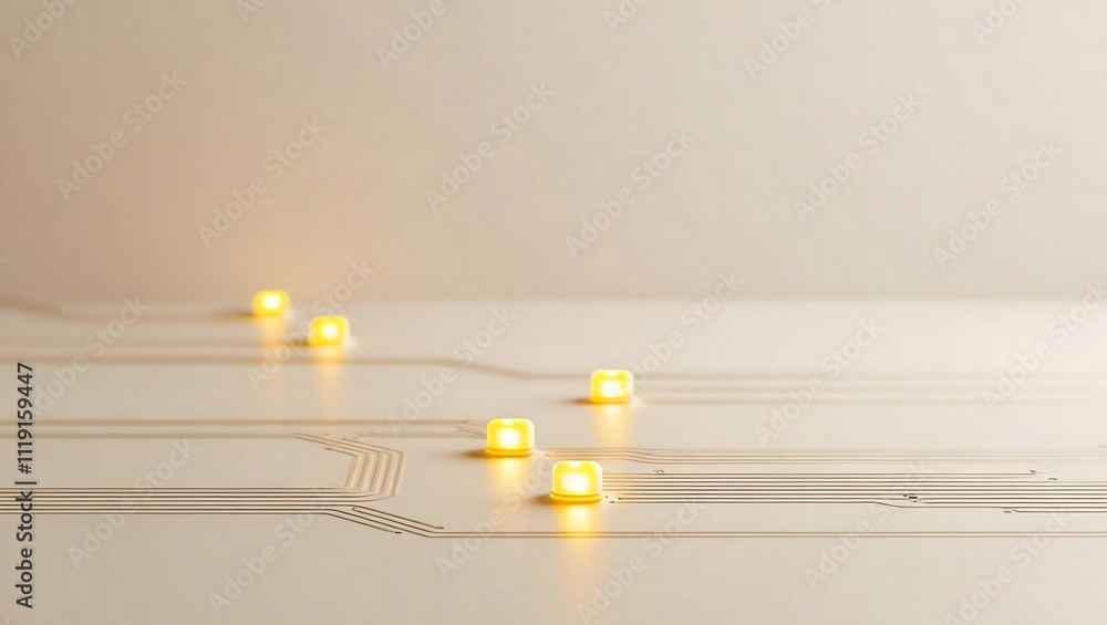 Aufkleber glowing leds trace pathways on a beige circuit board, creating a minimalist yet captivating technolo