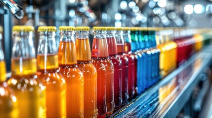 A state-of-the-art bottling facility for craft beverages, where colorful drinks are being filled and sealed, emphasizing unique flavors and local sourcing