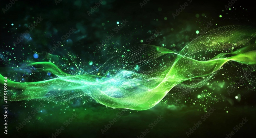 Poster abstract digital art with wave-like green and blue lines on dark background creating energetic movem
