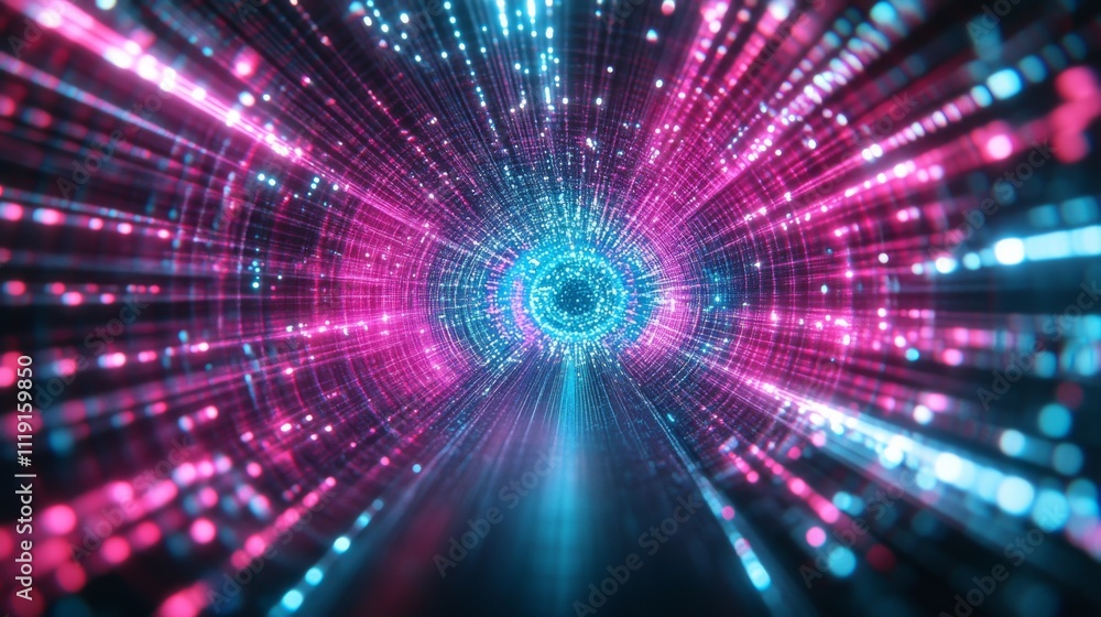 Poster vibrant abstract digital art depicting colorful light rays in a dark tunnel creating a futuristic la