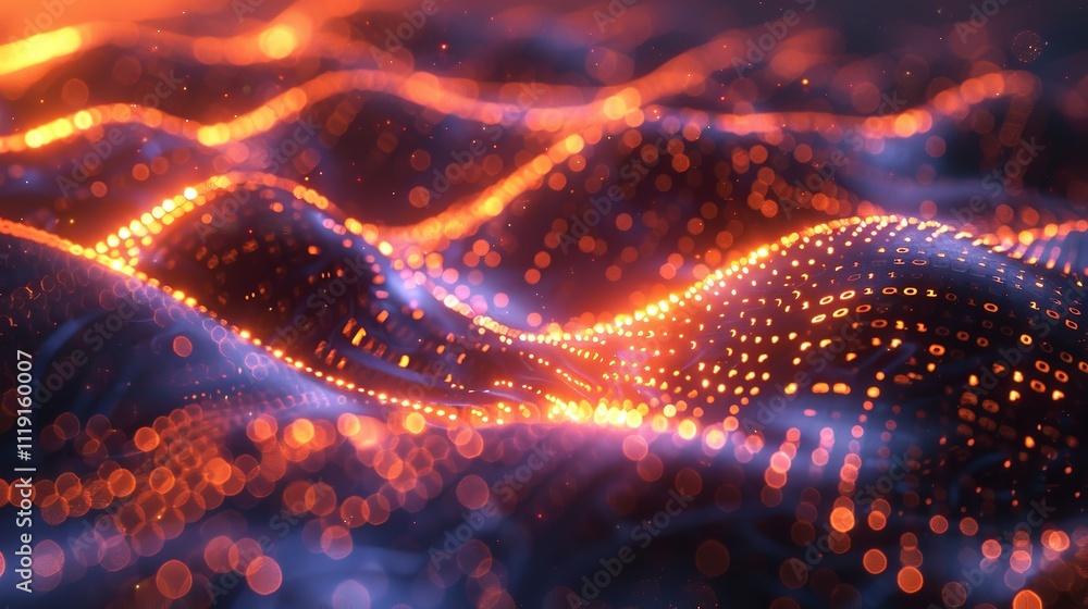 Poster big data concept blockchain 3d illustration information waves and the global database neural network