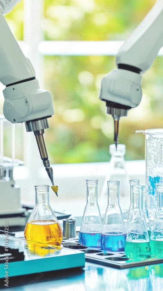 Aufkleber robotic arms conducting experiments with colorful liquids in a laboratory setting.