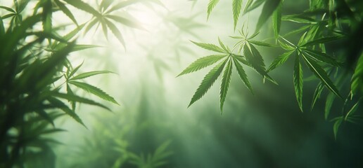 Lush cannabis leaves backlit by sunlight.