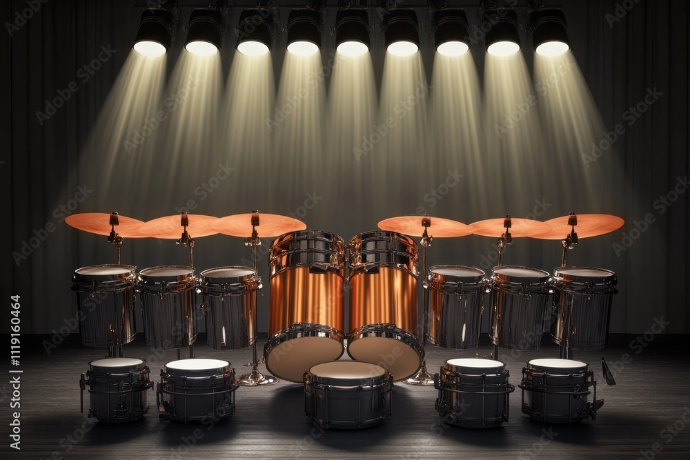 Poster a well-lit drum set arranged for a performance or practice session.