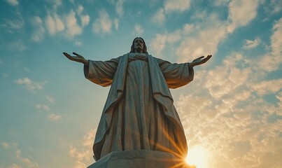 Majestic Jesus statue at sunset, arms outstretched, sun rays.