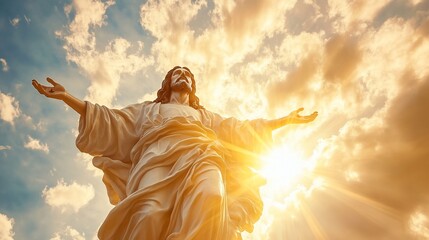 Majestic Jesus statue with arms outstretched, bathed in golden sunlight against a dramatic sky.