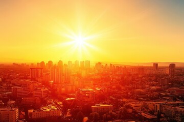 Stunning sunrise over city skyline, bathed in warm, golden light. Perfect for illustrating concepts of heat, urban life, or new beginnings.