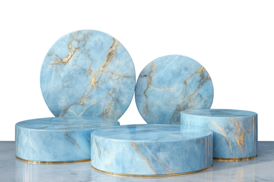 Snow ice blue marble texture with golden veins round product podium stage standing on a glossy table for product display, presentation and branding isolated on a transparent background, png cutout.
