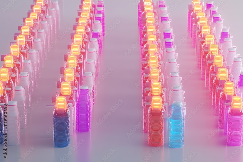 Aufkleber a visually striking arrangement of colorful bottles with glowing tops, creating a vibrant display.